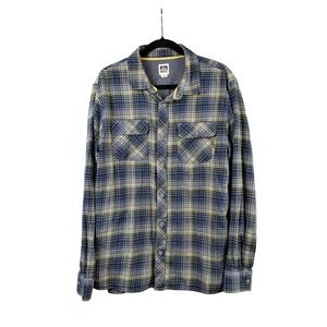 Reef Mens L‎ Classic Plaid Flannel Long Sleeve Button Up Shirt Blue Yellow
